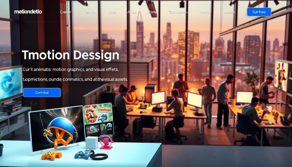 A bustling motion design marketplace, with a sleek, minimalist interface showcasing a diverse range of 3D animations, motion graphics, and visual effects. The foreground features a stylized product display, highlighting the quality and creativity of the digital assets available. The middle ground depicts a team of designers and artists collaborating on projects, their workstations bathed in a warm, focused lighting. In the background, a city skyline is visible through large windows, conveying a sense of urban creativity and innovation. The overall atmosphere is one of professionalism, innovation, and a thriving creative community.