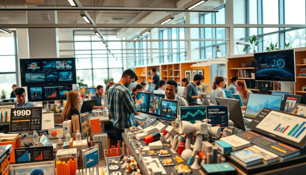 A bustling stock motion graphics market, captured with a wide-angle lens and warm, natural lighting. In the foreground, a diverse array of digital assets - sleek animated infographics, dynamic 3D models, and stylized video transitions. The middle ground showcases professional motion designers collaborating, sharing ideas, and browsing through catalogs on their high-resolution displays. In the background, a panoramic view of a modern, minimalist office space - floor-to-ceiling windows, clean lines, and subtle pops of color. An atmosphere of creativity, innovation, and the hum of a thriving industry.