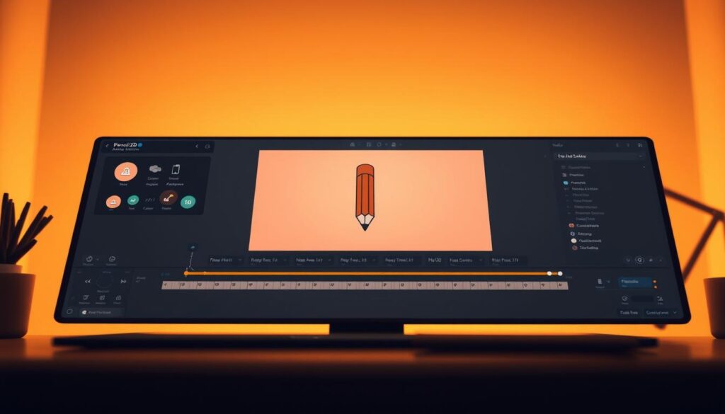 A close-up view of the Pencil2D animation software interface, showcasing its intuitive layout and user-friendly tools. The workspace is bathed in a warm, soft lighting, creating a cozy and inviting atmosphere. In the foreground, the main timeline and animation preview window take center stage, with a stylized pencil icon prominently displayed. The middle ground features various customizable tools and menus, allowing the user to seamlessly navigate the application. In the background, a subtle gradient adds depth and a sense of depth, while muted colors and clean lines give the scene a modern, minimalist aesthetic. The overall composition conveys the simplicity and accessibility of Pencil2D, making it an ideal choice for new motion designers.