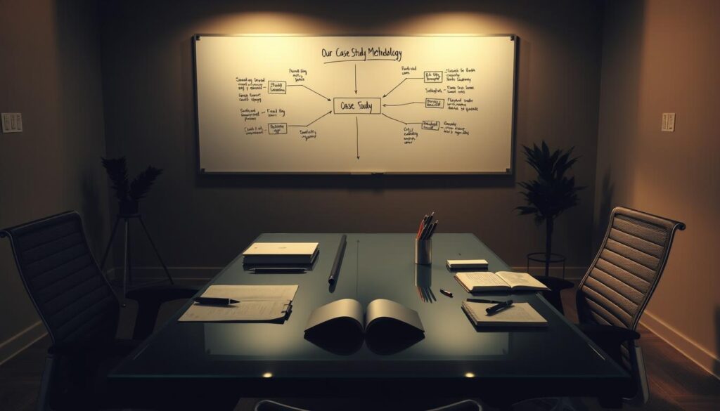A dimly lit, minimalist office space with a sleek, glass-topped desk and modern ergonomic chairs. On the desk, various research materials are neatly arranged, including a laptop, open notebooks, and an assortment of pens and markers. Soft, directional lighting from a hidden source casts a warm glow, creating a contemplative atmosphere. In the background, a large whiteboard displays a mind map, outlining the various stages of a case study methodology - observation, data collection, analysis, and presentation. The scene conveys a sense of focus, rigor, and intellectual engagement, perfectly suited to illustrate the "Our Case Study Methodology" section of the article.