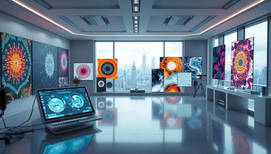 A hyper-realistic 3D render of a futuristic digital art studio. In the foreground, a sophisticated AI-powered art creation tool occupies the center of the frame, its sleek interface and glowing displays conveying a sense of advanced technology. In the middle ground, a variety of abstract, AI-generated visual artworks adorn the walls, ranging from vibrant, kaleidoscopic patterns to surreal, dreamlike compositions. The background features a panoramic view of a sleek, minimalist workspace, with large windows overlooking a futuristic cityscape. Soft, indirect lighting creates a serene, contemplative atmosphere, hinting at the seamless integration of AI and human creativity.