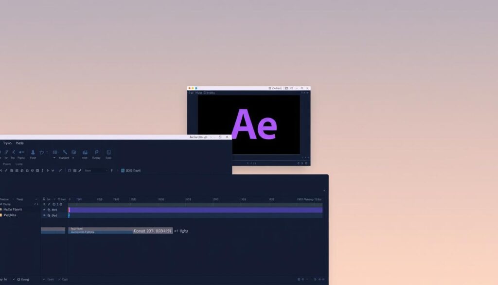 A minimalistic, well-lit, and detailed digital illustration of the Adobe After Effects user interface. The foreground showcases the main workspace with a timeline, layers panel, and a preview window displaying a 3D motion graphics animation. The middle ground features the top menu bar with various tools and options. The background has a subtle gradient, conveying a sense of depth and focus on the software's core functionalities. The overall composition emphasizes the sleek, modern, and professional design of the After Effects interface, suitable for a motion design workflow.