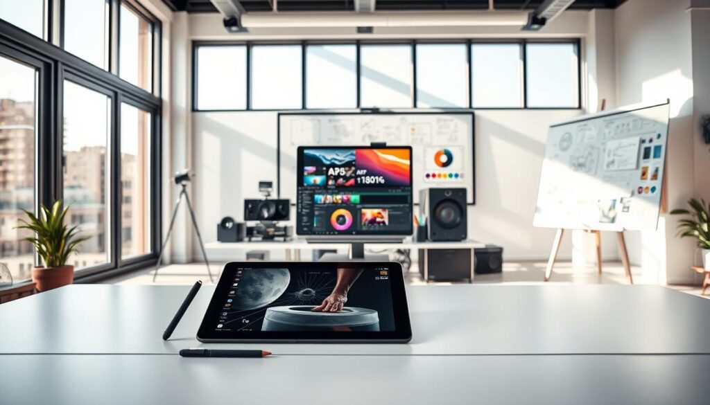 A professional artist's studio with large windows flooding the space with natural light. In the foreground, a digital tablet and stylus are poised on a sleek, minimalist desk, ready for creative motion graphics design. In the middle ground, a powerful desktop computer sits atop the desk, its screens displaying dynamic visual elements and animation timelines. The background features a large whiteboard covered in sketches, notes, and color palettes, hinting at the ideation process behind the motion graphics. The overall atmosphere is one of focused creativity, with a sense of anticipation and the promise of producing compelling, sellable motion graphics.