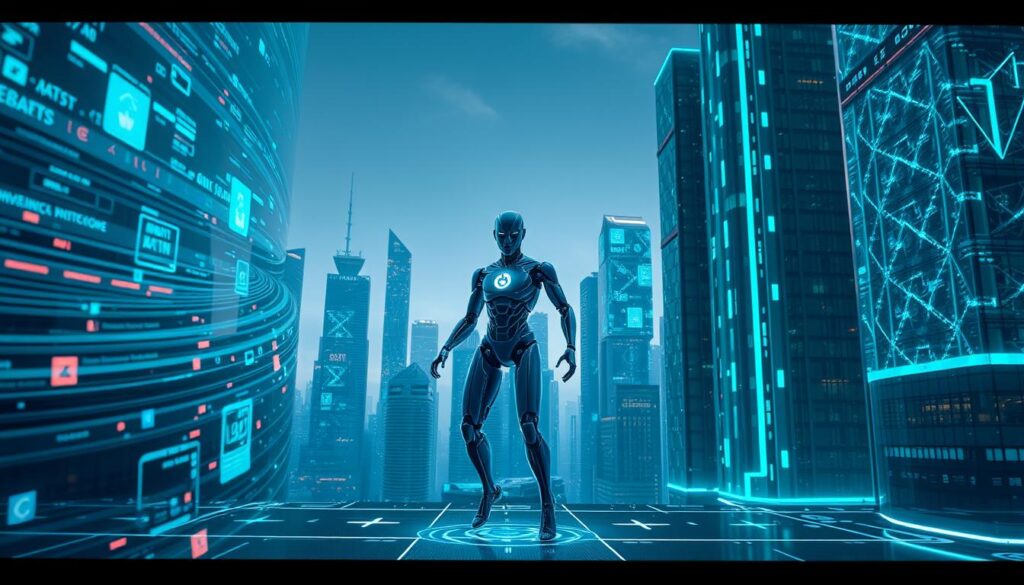 A sleek, futuristic motion graphics scene with AI-powered visuals. In the foreground, swirling data streams and holographic interfaces dance across the screen, hinting at the power of AI-driven animation. In the middle ground, a stylized 3D model of a robotic figure comes to life, its movements fluid and graceful, driven by advanced algorithms. The background features a cityscape of towering skyscrapers, their facades adorned with glowing, ever-changing geometric patterns, a testament to the integration of AI in modern architecture and design. The scene is bathed in a cool, neon-tinged lighting, creating an atmosphere of technological innovation and progress.