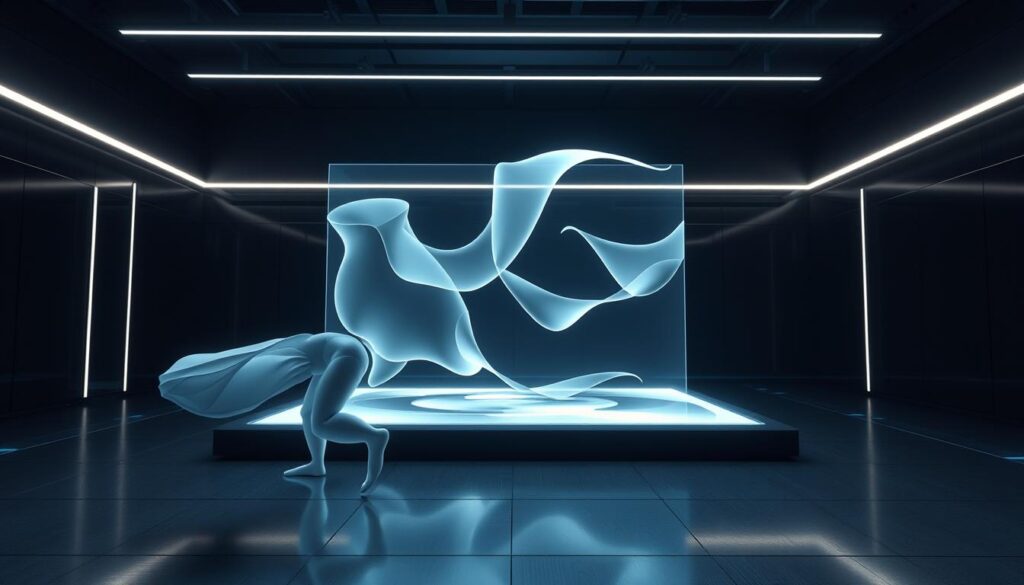 A sleek, futuristic scene showcasing the motion design capabilities of AI. In the foreground, a dynamic 3D model effortlessly animates, its movements fluid and precise. The middle ground features a holographic display, projecting abstract shapes that flow and morph seamlessly. In the background, a dimly lit, high-tech environment with clean lines and subtle lighting creates an atmosphere of innovation and technological prowess. The overall mood is one of awe and wonder, capturing the potential of AI to revolutionize the world of motion design.