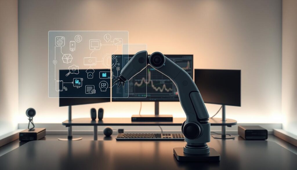 A sleek, futuristic workspace with a holographic display showcasing AI-powered workflow optimization. In the foreground, a stylized robotic arm manipulates digital assets with precision, seamlessly integrating various design tools. The middle ground features a minimalist, ergonomic workstation with state-of-the-art peripherals, creating an efficient and streamlined environment. The background is bathed in a soft, ambient glow, conveying a sense of technological advancement and innovation. The scene is illuminated by subtle, directional lighting, highlighting the clean lines and innovative nature of the setup. An atmosphere of productivity, automation, and creative control permeates the scene, embodying the essence of "Streamlining Your Workflow with AI Automation".