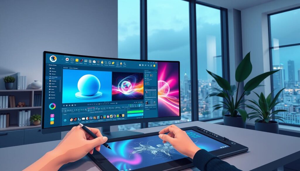 A sleek, minimalist office workspace with a large curved-screen computer monitor displaying vibrant, dynamic motion graphics software interface. The screen shows a 3D model rotating and various animated visual effects. In the foreground, a designer's hand operates a stylus on a high-resolution graphics tablet, seamlessly integrating digital and physical inputs. Soft, indirect lighting creates a focused, productive atmosphere. The background features shelves with design books, a succulent plant, and a large window overlooking a cityscape, conveying a sense of creativity and innovation.