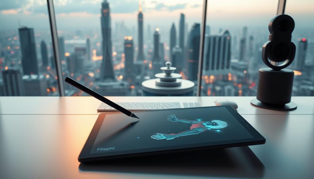 A sleek, minimalist workstation showcasing the latest AI-powered animation tools. In the foreground, a stylus hovers over a high-resolution tablet display, its digital brushstrokes bringing a character to life. In the middle ground, a 3D model rotates, manipulated by intuitive gesture controls. The background features a panoramic view of a futuristic city, its towering skyscrapers bathed in a warm, ambient glow, hinting at the endless creative possibilities unlocked by these cutting-edge technologies. The scene exudes a sense of effortless innovation, where the boundaries between human and machine blur, empowering motion designers to unleash their artistic vision.