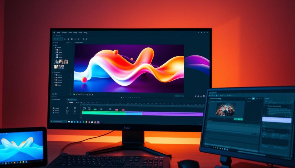 A sleek, modern motion graphics software interface displayed on a high-resolution computer monitor, bathed in warm, directional lighting that casts subtle shadows. The screen showcases a dynamic 3D animation playing seamlessly, its vibrant colors and fluid movements demonstrating the software's robust animation capabilities. In the foreground, various intuitive UI elements such as timeline, layer controls, and keyframing tools are visible, hinting at the software's powerful yet user-friendly workflow. The overall scene conveys a sense of creativity, technological sophistication, and professional-grade motion design tools.