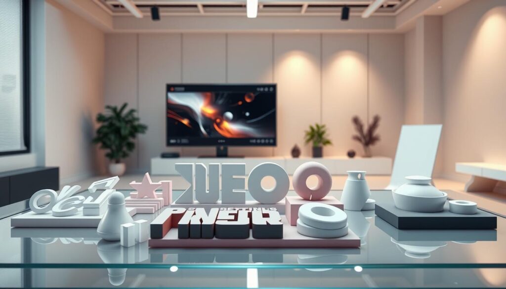 A sleek, modern motion graphics template studio with a stylish, minimalist interior. The foreground features a variety of customizable 3D elements arranged on a glass tabletop, including animated typographic displays, dynamic shape layers, and modular visual effects. The middle ground showcases a large, high-resolution monitor displaying a motion design preview. Soft, indirect lighting creates a warm, focused atmosphere, while the background depicts a spacious, minimalist workspace with clean lines, neutral tones, and subtle textures. The overall scene conveys a sense of professionalism, creativity, and the potential to craft visually striking motion design assets.