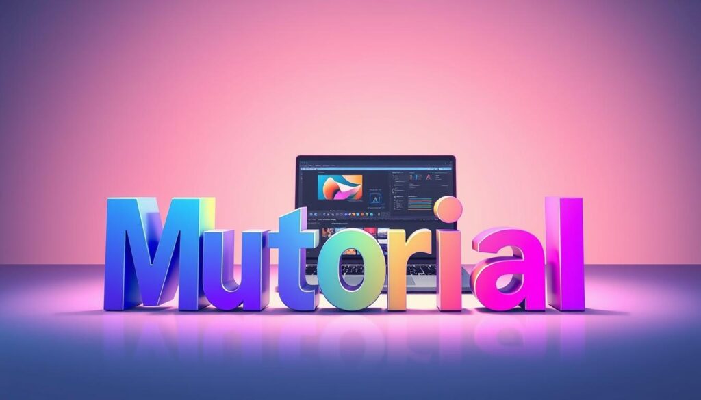 A sleek, modern tutorial on motion graphics design. In the foreground, a stylized, three-dimensional text animation showcases fluid movements and vibrant colors. The middle ground features a laptop displaying a motion graphics software interface, surrounded by design tools and elements. In the background, a minimalist, gradient-filled environment sets a clean, professional tone. Soft, directional lighting accentuates the depth and dimensionality of the scene. The overall composition conveys a sense of creativity, education, and the art of motion graphics.