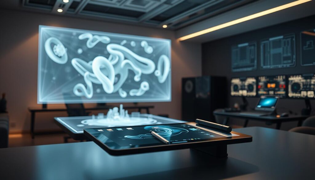 A sleek, modern workspace filled with cutting-edge AI motion graphics tools. In the foreground, a digital tablet and stylus hover mid-air, ready to bring creative visions to life. The middle ground showcases a holographic display projecting intricate 3D animations, their movements fluid and mesmerizing. In the background, a bank of powerful workstations with glowing interfaces, hinting at the sophisticated algorithms and machine learning powering the tools. Soft, indirect lighting casts a warm, focused glow, creating a sense of technological wonder and artistic inspiration. The overall atmosphere is one of seamless integration between human creativity and intelligent, adaptive software.