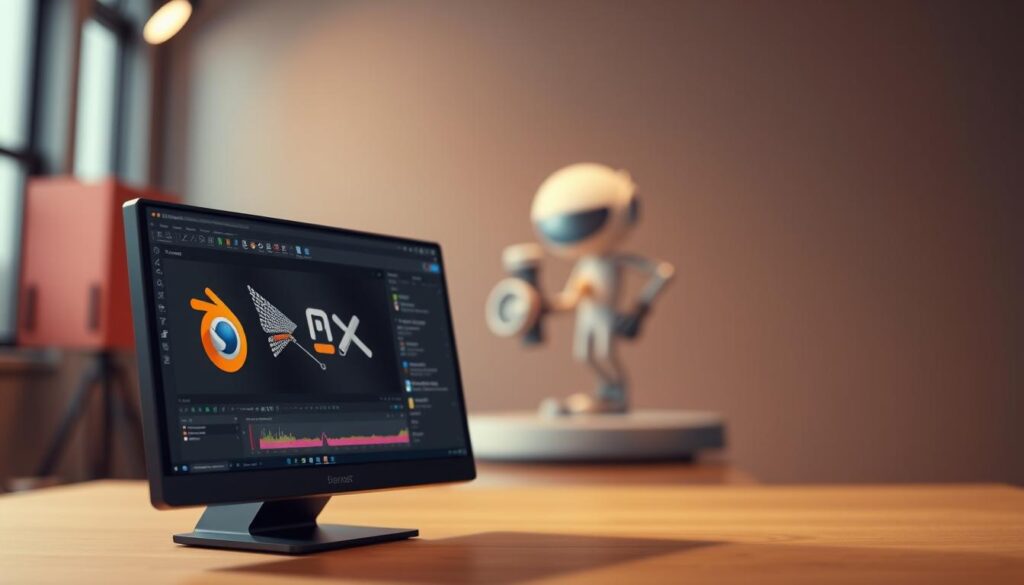 A sleek, three-dimensional Blender software interface displayed prominently in the foreground, showcasing its powerful 3D modeling and animation tools. The interface features a clean, minimalist design with intuitive icons and controls, conveying the software's user-friendly nature. In the middle ground, a detailed 3D model of a stylized character or object, demonstrating Blender's advanced 3D capabilities. The background is softly blurred, creating a sense of depth and focus on the software's core features. The overall scene is lit with a warm, professional lighting setup, emphasizing the software's versatility and appeal to motion designers.