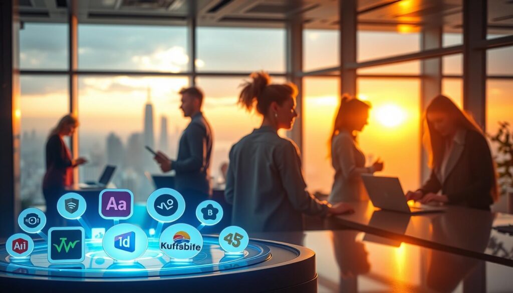 A vibrant, cinematic scene showcasing the top motion graphics platforms. In the foreground, a stylized, futuristic display showcases several popular platform logos, illuminated by a warm, diffused lighting. In the middle ground, a diverse team of motion designers collaborates, their laptops and creative tools visible. The background features a sleek, high-tech office space with expansive windows overlooking a dynamic city skyline, bathed in a subtle, golden-hour glow. The overall atmosphere conveys a sense of innovation, productivity, and the vast potential of the motion graphics industry.