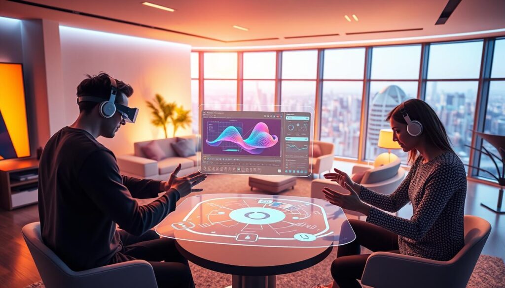 A vibrant, collaborative scene of AI-powered motion design. In the foreground, digital avatars of designers work in harmony, their hands gesturing as they craft intricate animations. The middle ground features a stylized, holographic user interface, displaying real-time visualization and editing tools. In the background, a sleek, futuristic workspace with minimalist furniture and large, panoramic windows, bathed in a warm, ambient lighting. The atmosphere conveys a sense of synergy, where human creativity and machine intelligence seamlessly converge to unlock new possibilities in motion design.
