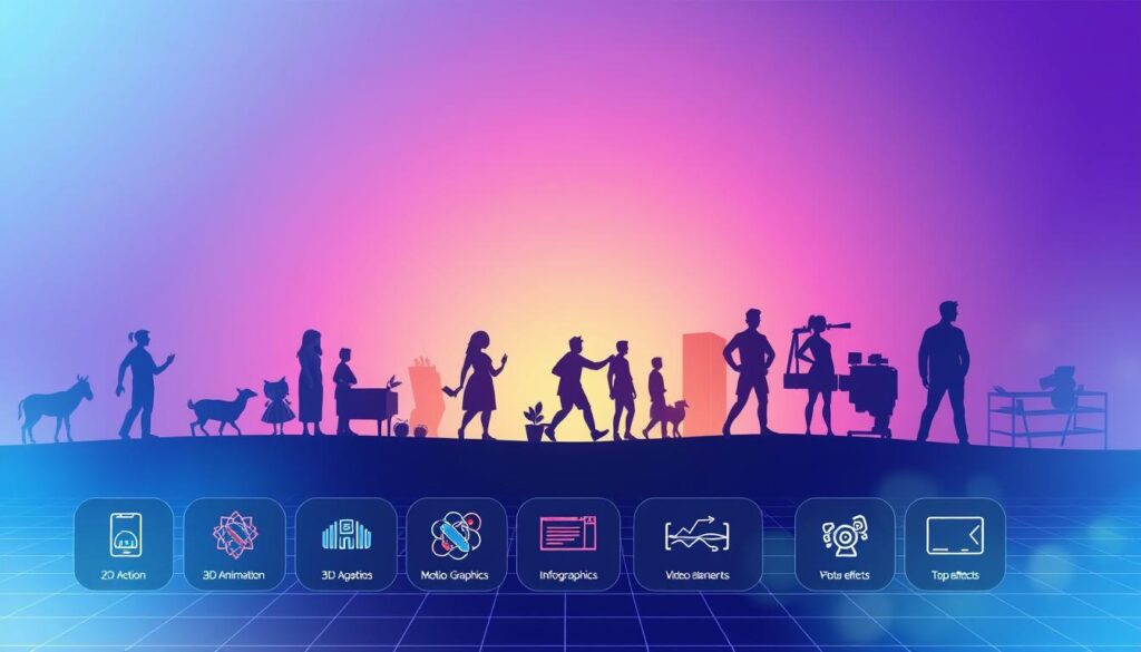 A vibrant, dynamic composition showcasing the diverse categories of stock motion graphics. In the foreground, a sleek, modern UI interface with animated icons representing various genres - 2D and 3D animation, motion graphics, kinetic typography, infographics, and video elements. The middle ground features stylized silhouettes of animated characters, shapes, and visual effects, all in a harmonious color palette. The background layers a minimalist grid or pattern, evoking a sense of structure and organization within the creative landscape. Soft, directional lighting casts subtle shadows, adding depth and dimensionality to the scene. The overall mood is one of energy, creativity, and the boundless potential of stock motion graphics as a medium for visual storytelling and commercial applications.