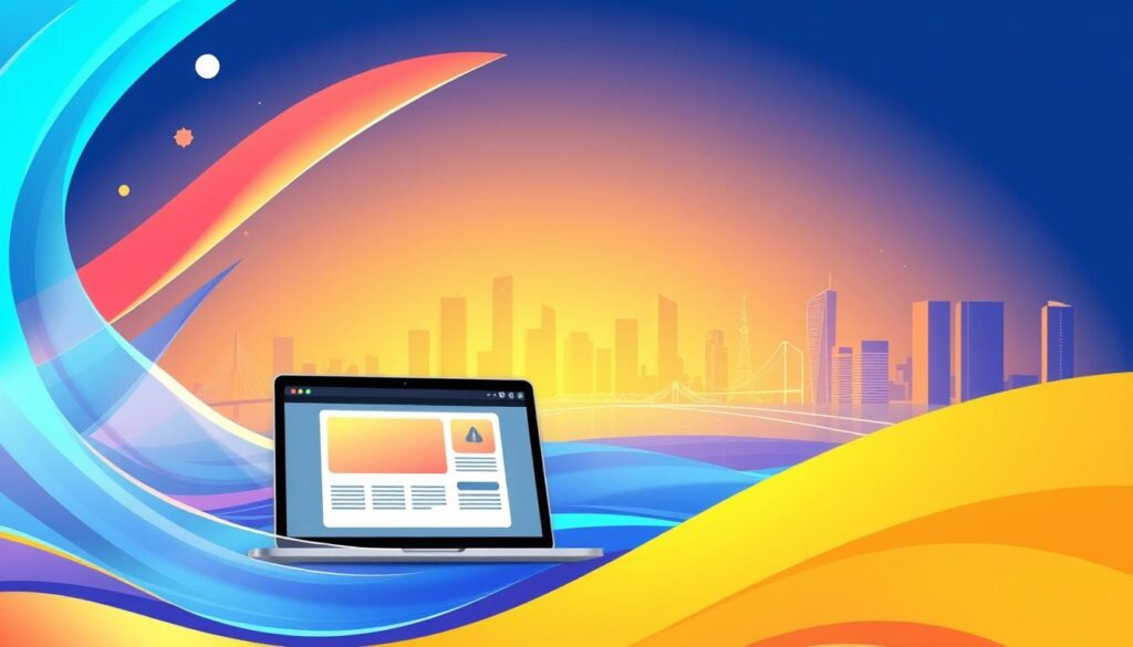 A vibrant, modern, and engaging online course illustration showcasing motion graphics. In the foreground, a dynamic display of fluid shapes, elegant transitions, and captivating visual effects. In the middle ground, a sleek laptop or tablet displaying the course interface, with a minimalist layout and intuitive navigation. The background features a stylized cityscape, with skyscrapers and infrastructure hinting at the urban and technological setting. Soft, directional lighting casts a warm, inviting glow, creating a sense of depth and atmosphere. The overall composition conveys a sense of creativity, innovation, and the potential for learning and professional development in the field of motion graphics.