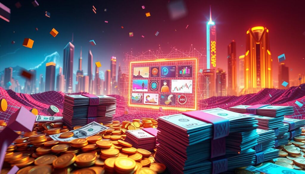 A vibrant scene of motion design royalties depicted through a dynamic 3D landscape. In the foreground, stacks of money and gold coins symbolize the financial rewards, surrounded by a whirlwind of geometric shapes, lines, and particles that convey the energetic nature of motion graphics. In the middle ground, a holographic display showcases various motion design projects, their visuals pulsing with life. The background features a futuristic cityscape, skyscrapers and neon lights casting an ethereal glow, representing the digital realm where motion design thrives. The lighting is a captivating blend of warm and cool tones, creating depth and a sense of technological sophistication. The overall composition evokes a striking balance between the tangible rewards of motion design and the abstract, ever-evolving nature of the craft.