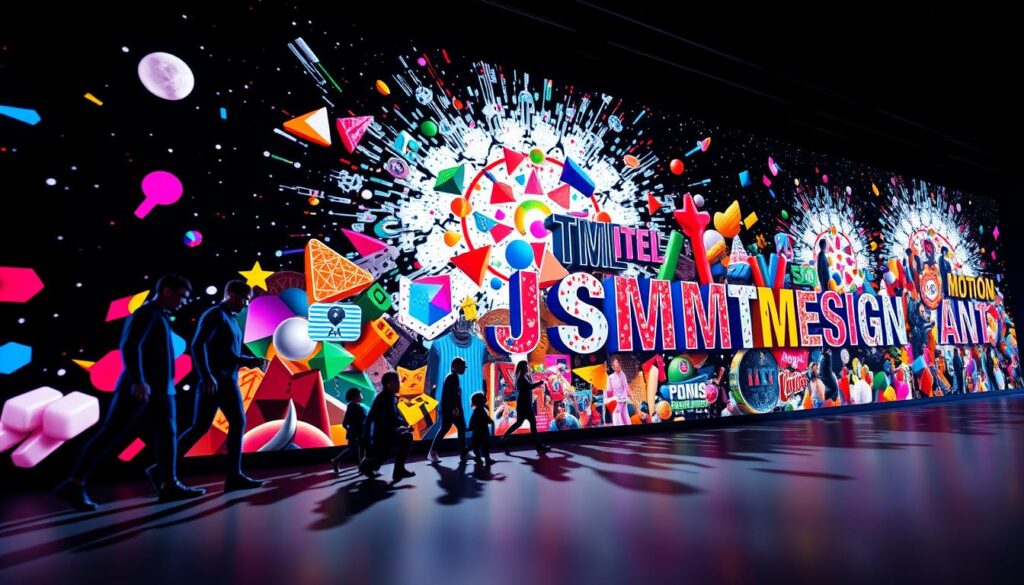 A vibrant timeline of motion design evolution, depicted through a dynamic collage. In the foreground, sleek, futuristic 3D animated characters showcase the progression from primitive early motion graphics to cutting-edge, AI-driven digital art. The middle ground features a kaleidoscope of iconic motion design elements - bold typography, fluid shapes, and kinetic patterns - intertwining to form a mesmerizing visual symphony. In the background, a shimmering vortex of abstract particles and light trails evokes the ever-expanding possibilities of this creative discipline. Dramatic, cinematic lighting casts dramatic shadows, emphasizing the depth and complexity of this visual narrative. Captured through a wide-angle lens, the scene conveys a sense of awe and wonder at the boundless creativity of motion design.
