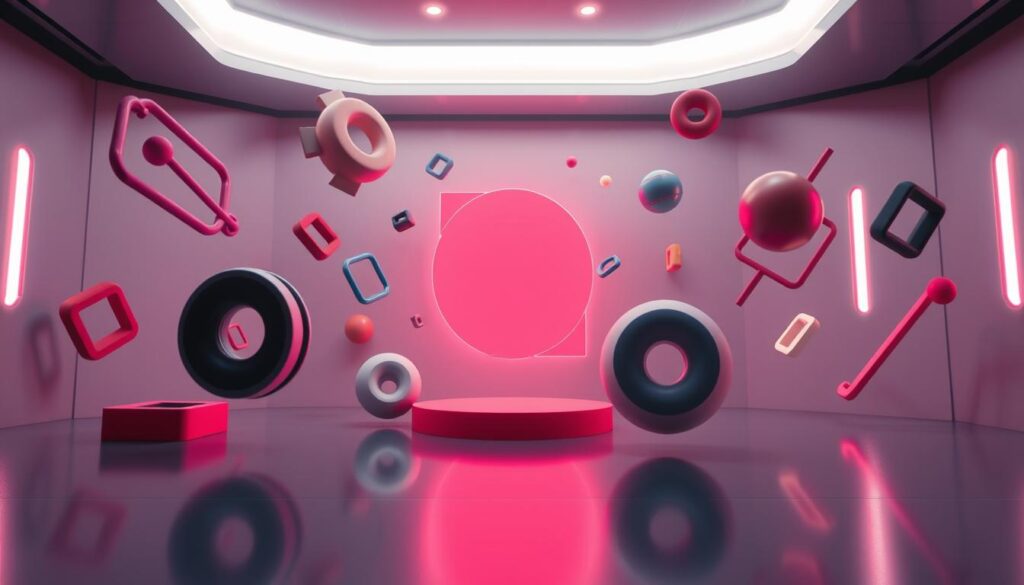 a detailed, cinematic stock motion graphics scene with a vibrant, dynamic energy, showcasing various 3D animated shapes, lines, and geometric elements floating and rotating in a sleek, minimalist, futuristic environment with a sophisticated lighting setup, including a soft, diffused key light, subtle rim lighting, and moody shadows, captured from a slightly low-angle perspective to create a sense of scale and grandeur, conveying the reliable, stable, and lucrative nature of the royalty income generated by stock motion graphics